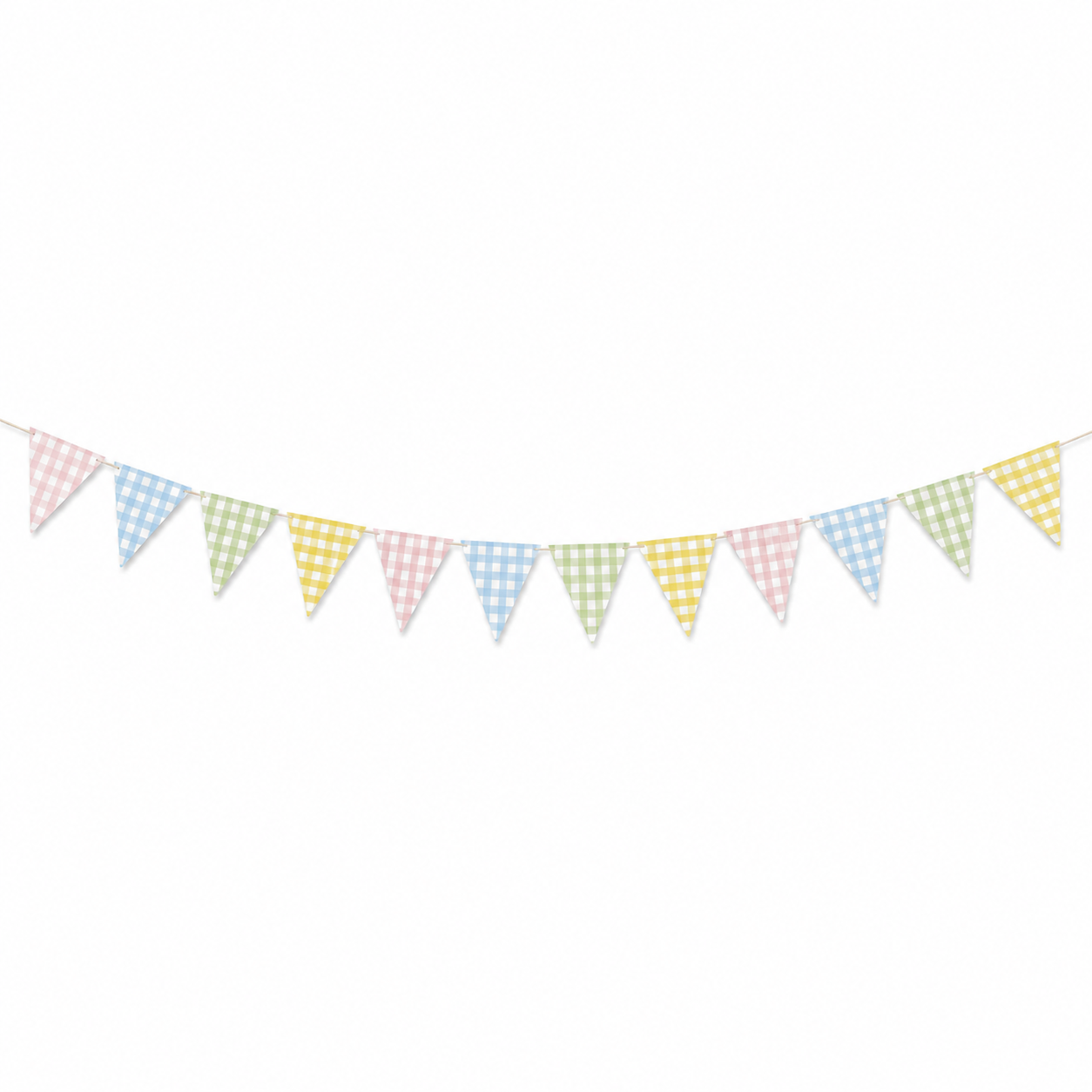 Pastel gingham card bunting with pink, blue, green and yellow flags. 