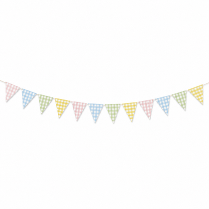 Pastel gingham card bunting with pink, blue, green and yellow flags. 