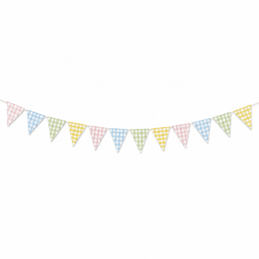 Pastel gingham card bunting with pink, blue, green and yellow flags. 