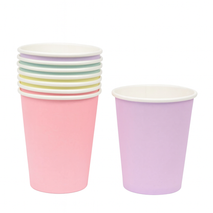 Pastel-colored paper cups on a white background