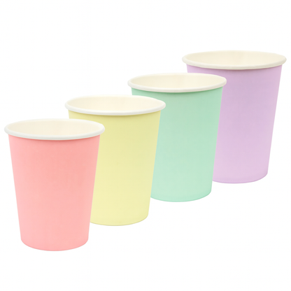 Set of five pastel-colored paper cups on a white background