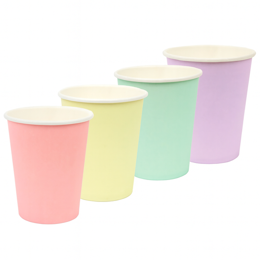 Set of five pastel-colored paper cups on a white background