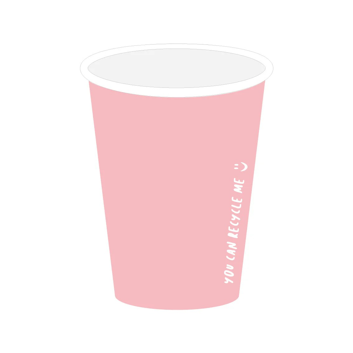 Pink paper cup with white text on a white background