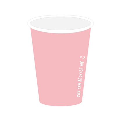 Pink paper cup with white text on a white background