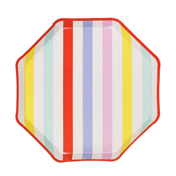 Octagonal plate with pastel stripes on a white background
