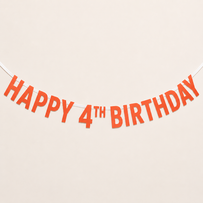 Orange 'HAPPY 4TH BIRTHDAY' banner letters strung along a white cord against a plain beige background.