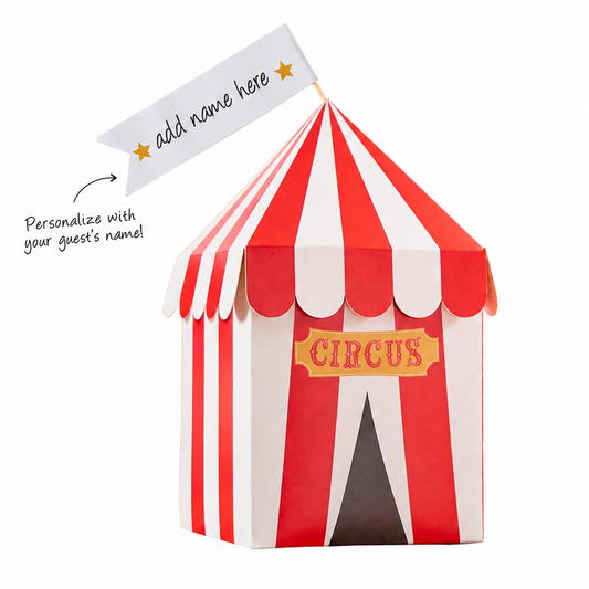 Personalised circus party box with custom handwritten guest name flag and red striped circus tent design