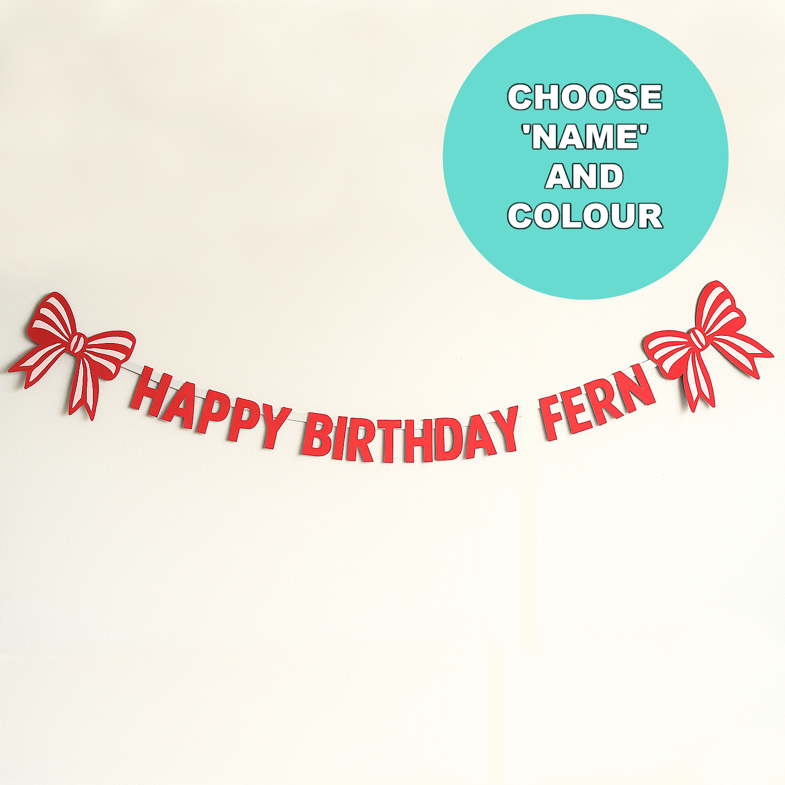Personalised Happy Birthday banner with red text and bows 