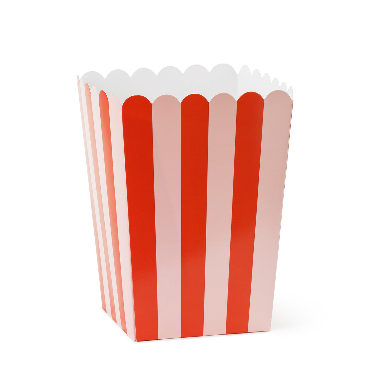 Red and pale pink striped paper popcorn box with scalloped top