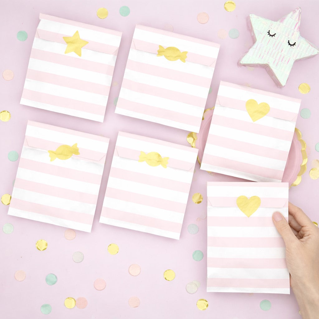 Pink Striped Treat Bags with Gold Stickers (6 Pack)