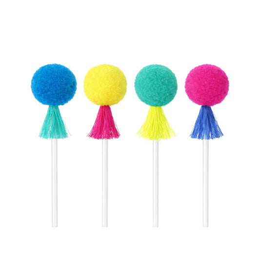 Neon pompom tassel cupcake picks in blue, yellow, teal and pink on white background