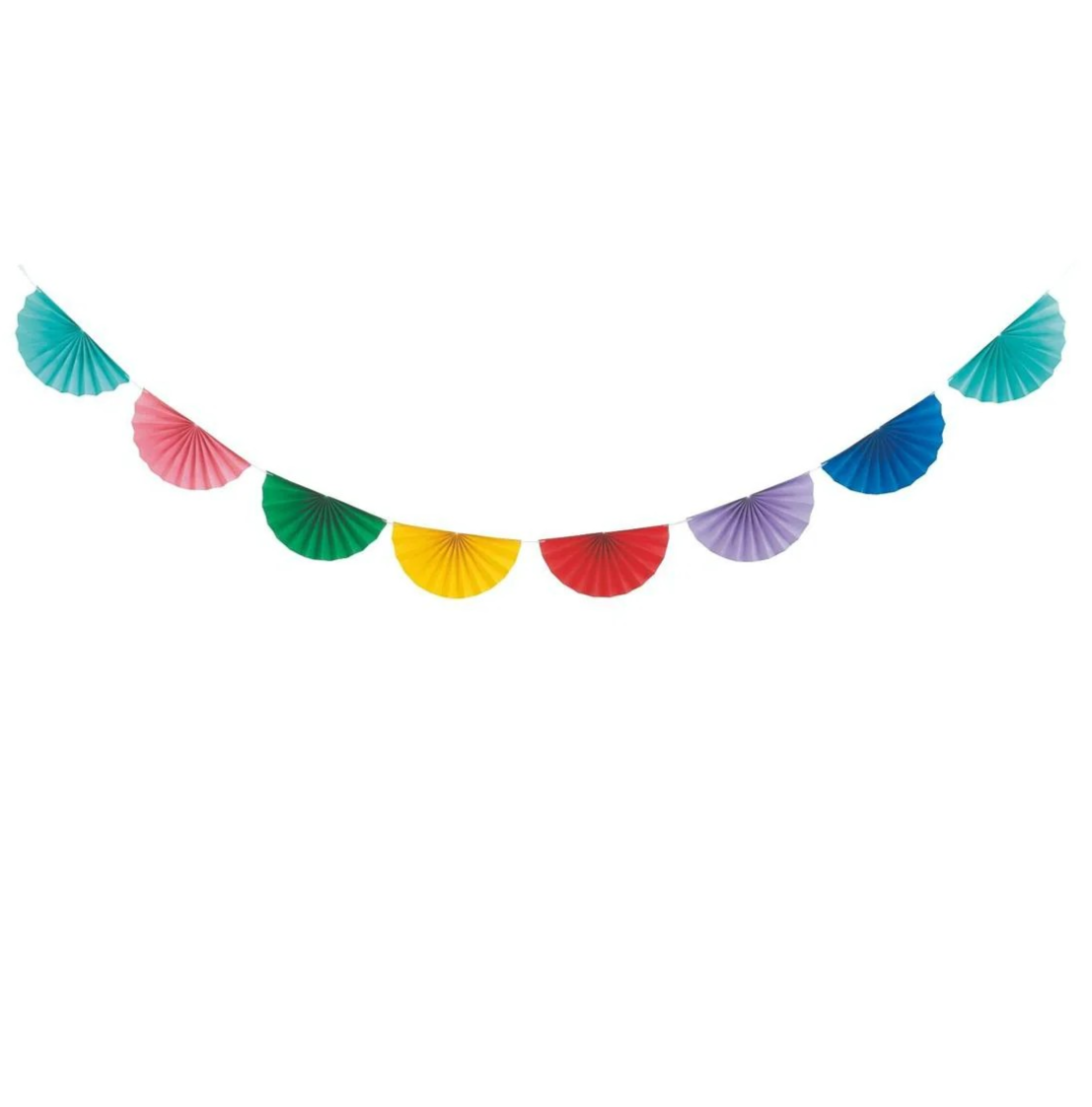 Rainbow paper fan garland with colourful folded paper fans in pink, green, yellow, red, purple and blue, strung on ribbon for party decoration.