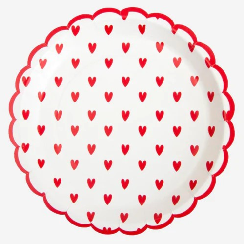 Paper plates with red hearts and red scalloped edge