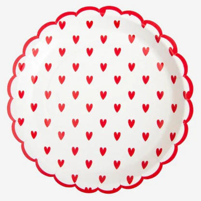 Paper plates with red hearts and red scalloped edge