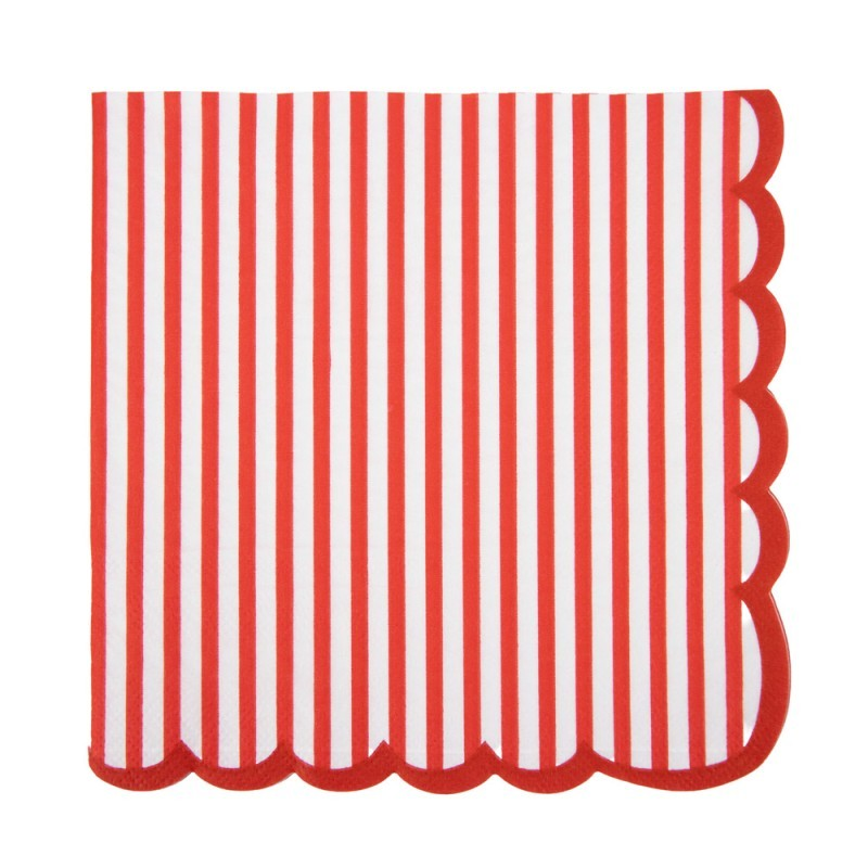 Red striped scalloped paper napkins perfect for picnics, beach parties, pool parties and summer celebrations. 