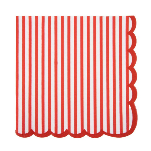 Red striped scalloped paper napkins perfect for picnics, beach parties, pool parties and summer celebrations. 