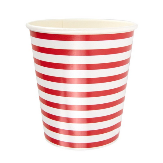 Red striped paper cups for stylish party tables.