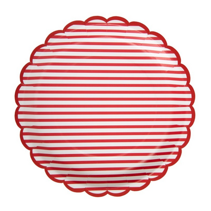 Red striped paper plates with a fun scalloped edge.