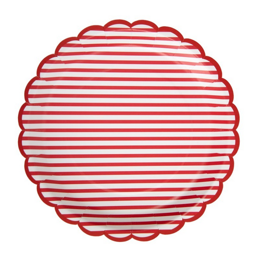 Red striped paper plates with a fun scalloped edge.