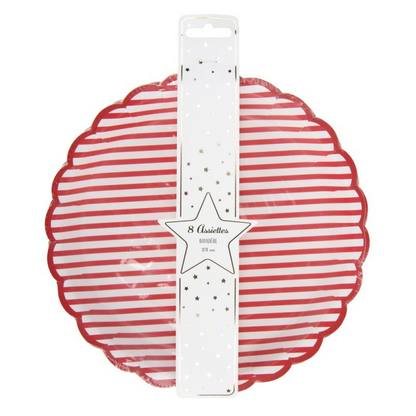Red striped paper plates with a fun scalloped edge.