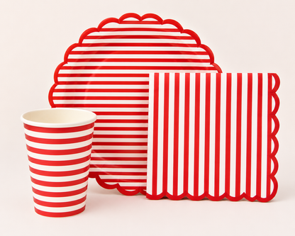 Red striped scalloped paper napkins perfect for picnics, beach parties, pool parties and summer celebrations. 