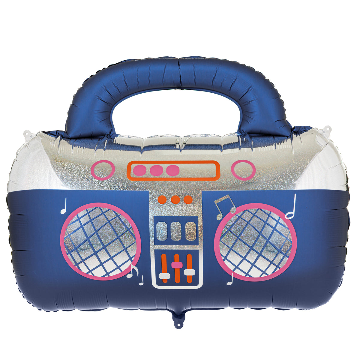 Giant navy blue retro boombox foil balloon with colourful holographic details