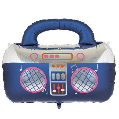 Giant navy blue retro boombox foil balloon with colourful holographic details