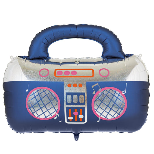 Giant navy blue retro boombox foil balloon with colourful holographic details