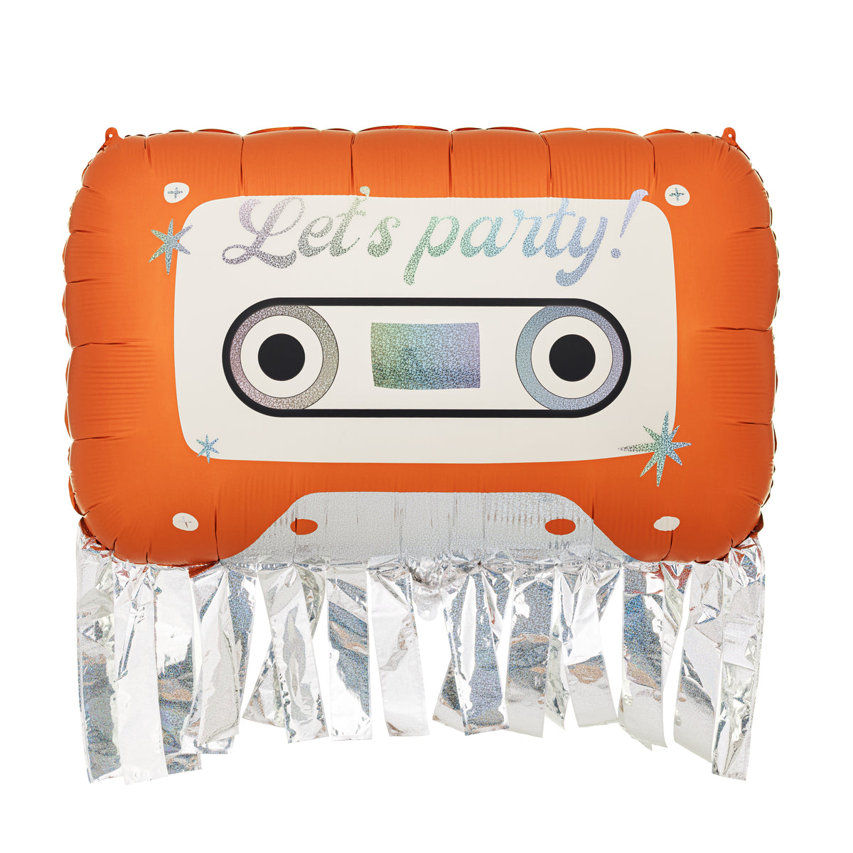 Giant orange retro cassette tape foil balloon with silver fringe