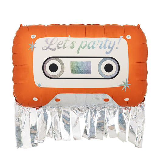 Giant orange retro cassette tape foil balloon with silver fringe