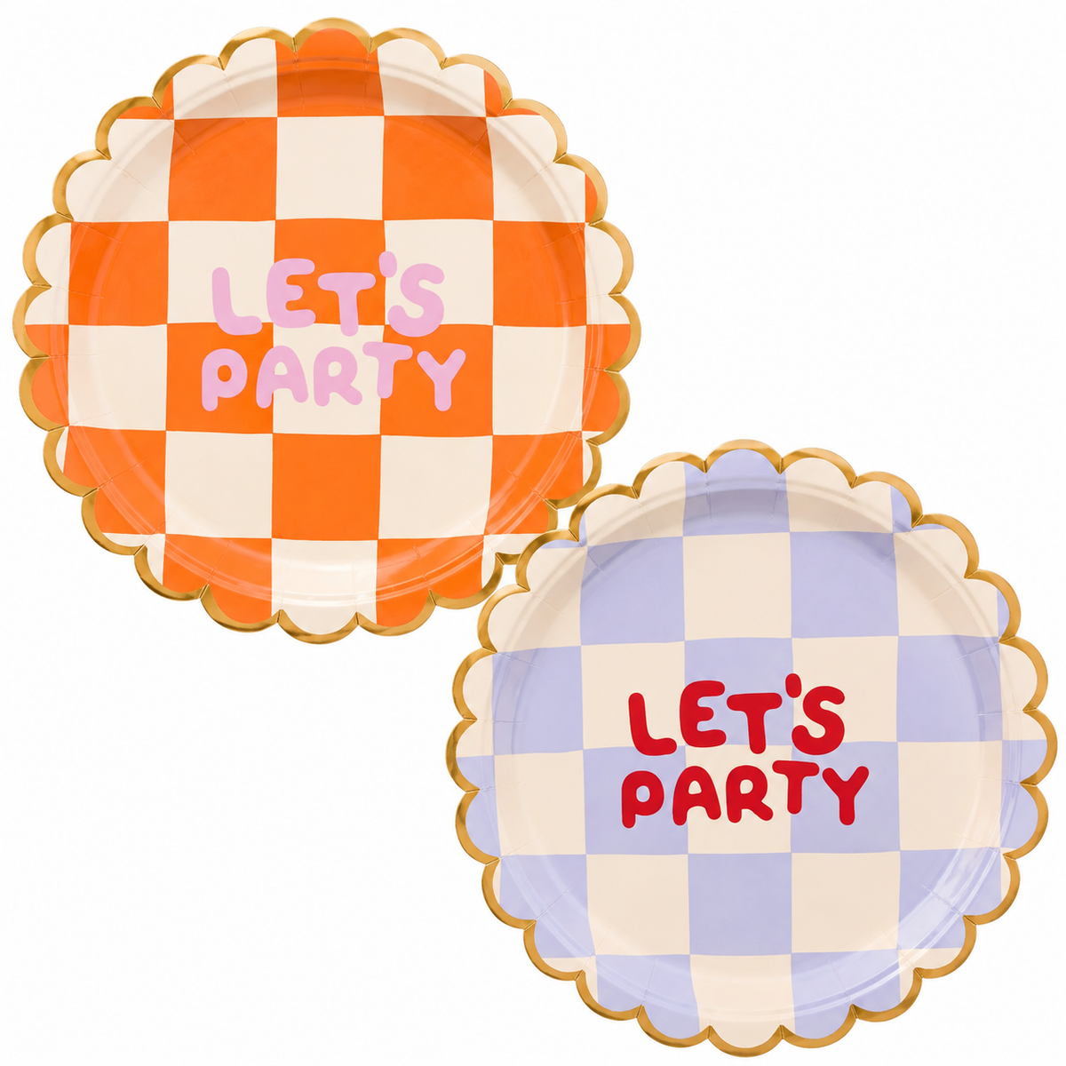 Whimsical Let’s Party paper plates with orange and lilac checkerboard designs