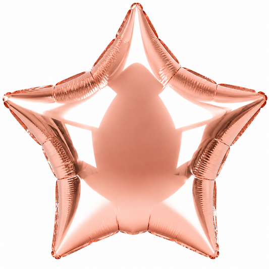 A metallic rose gold star-shaped foil balloon on a solid white background.
