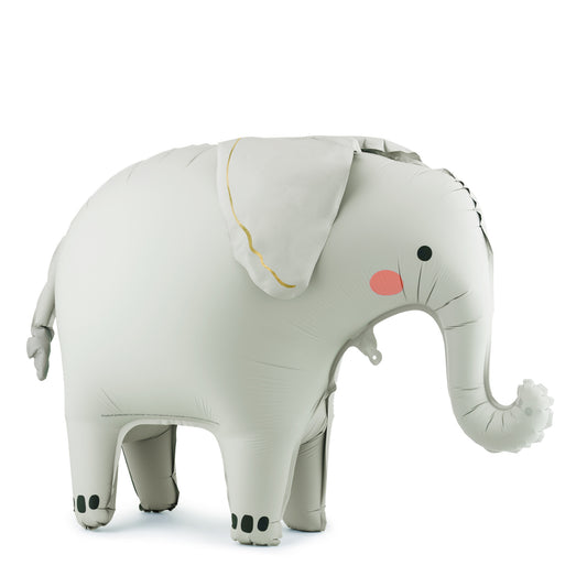 Standing elephant foil balloon with pink cheeks and grey body for jungle themed parties