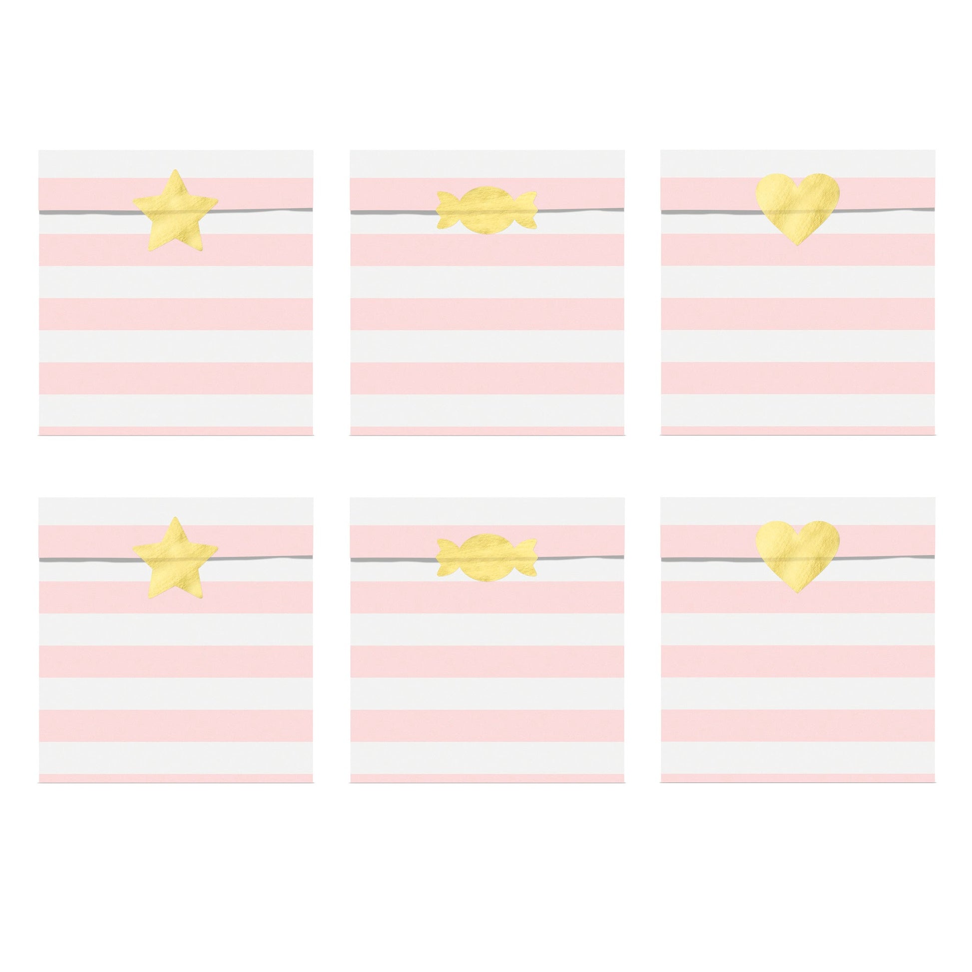Pink Striped Treat Bags with Gold Stickers (6 Pack)