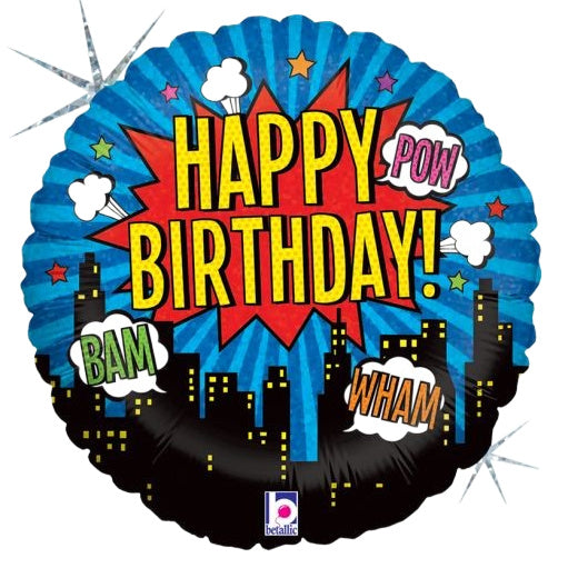 Superhero-themed birthday balloon with 'Happy Birthday!' text and sound effects.