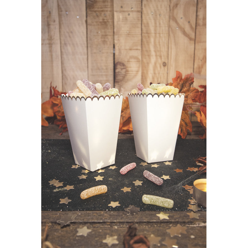 White and Gold Popocorn Treat Boxes for weddings and Parties