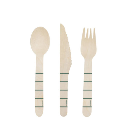 Eco wooden disposable cutlery with green stripes