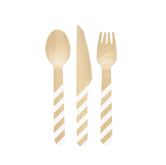 Eco Wooden Cutlery | White Striped Disposable Cutlery Set UK