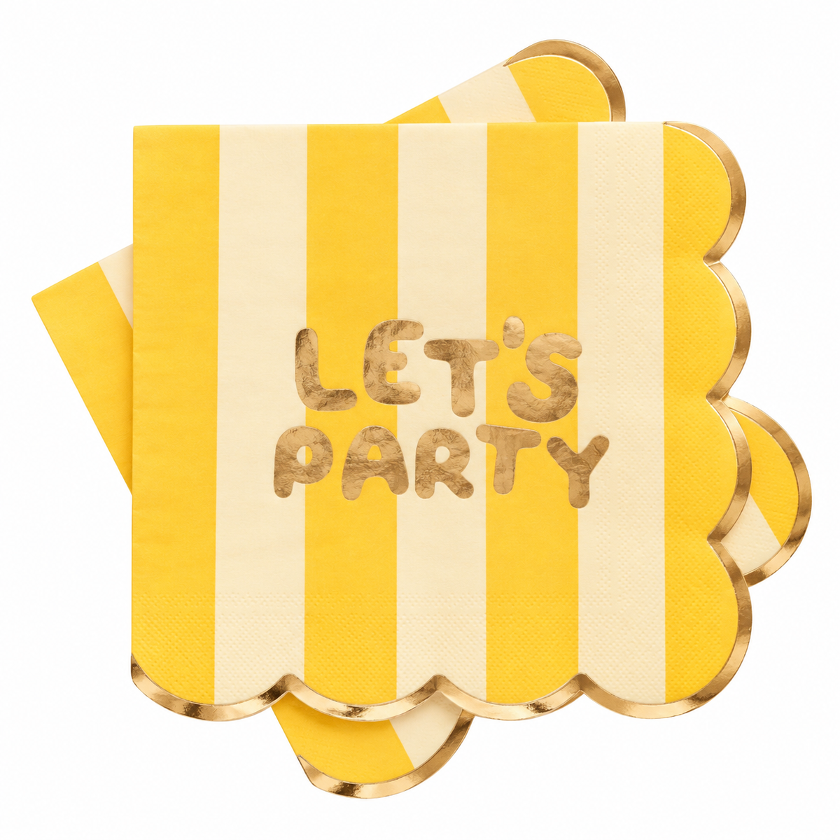 Yellow striped Let’s Party paper napkins with scalloped edges and gold foil lettering