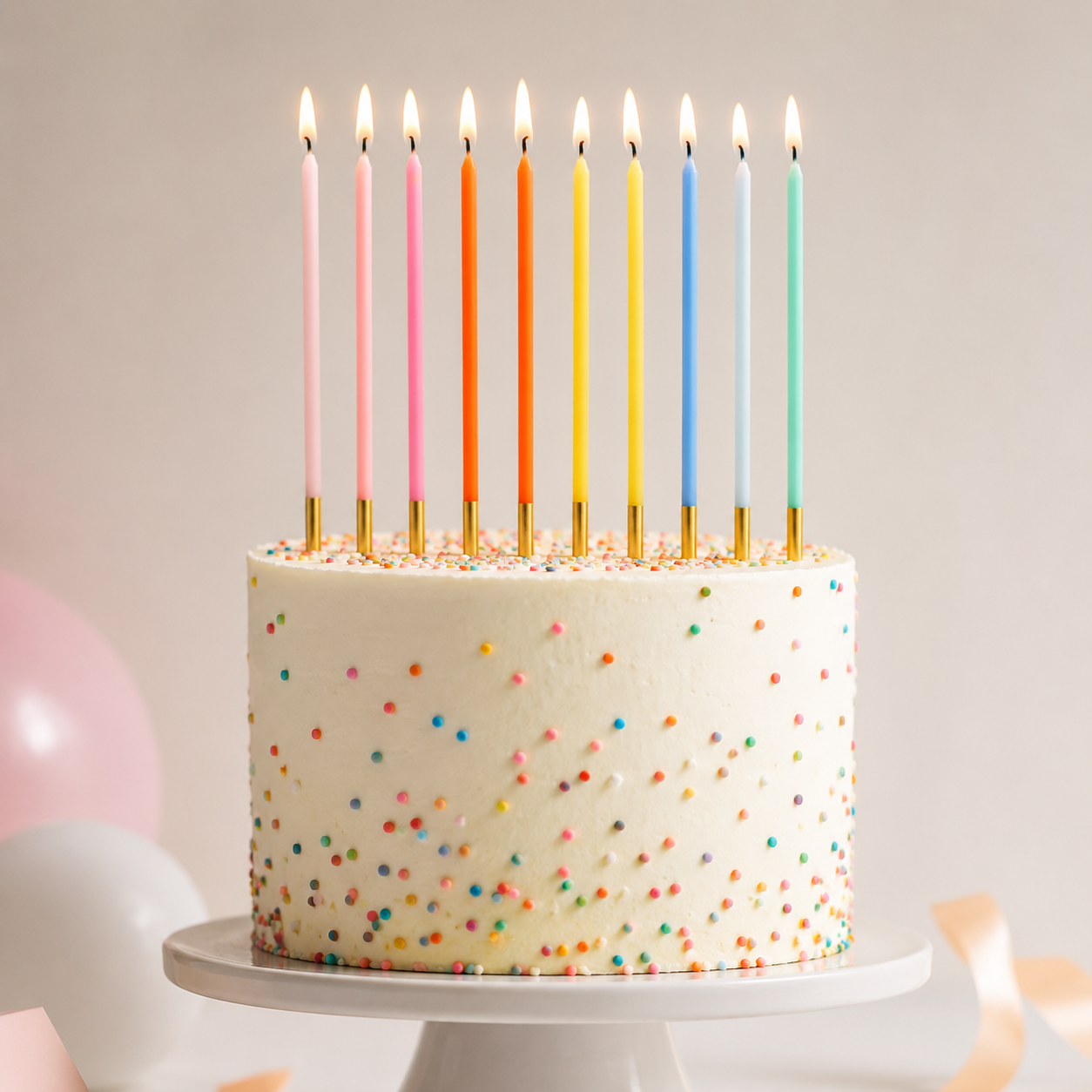 Birthday cake with colorful candles on a light background