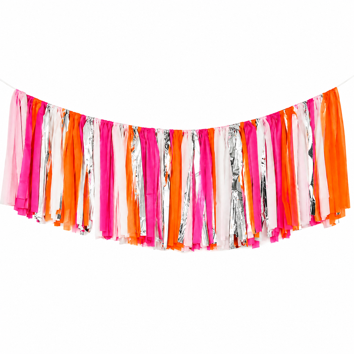 Colourful custom streamer garland for party backdrops and fringe walls