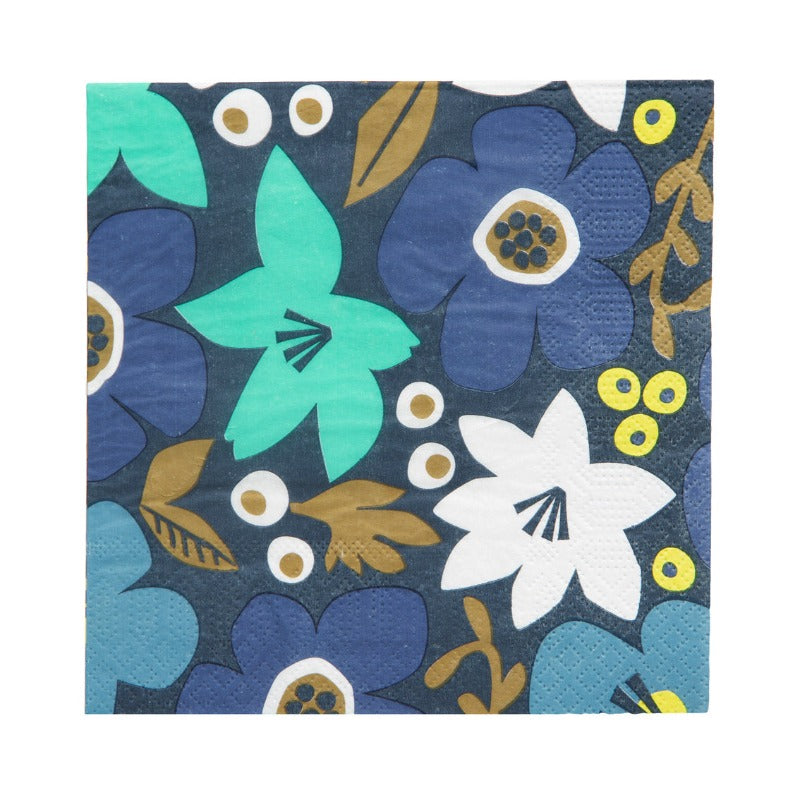 Gorgeous floral napkins in shades of blue, white and a touch of yellow. Retro vibes with a modern twist.