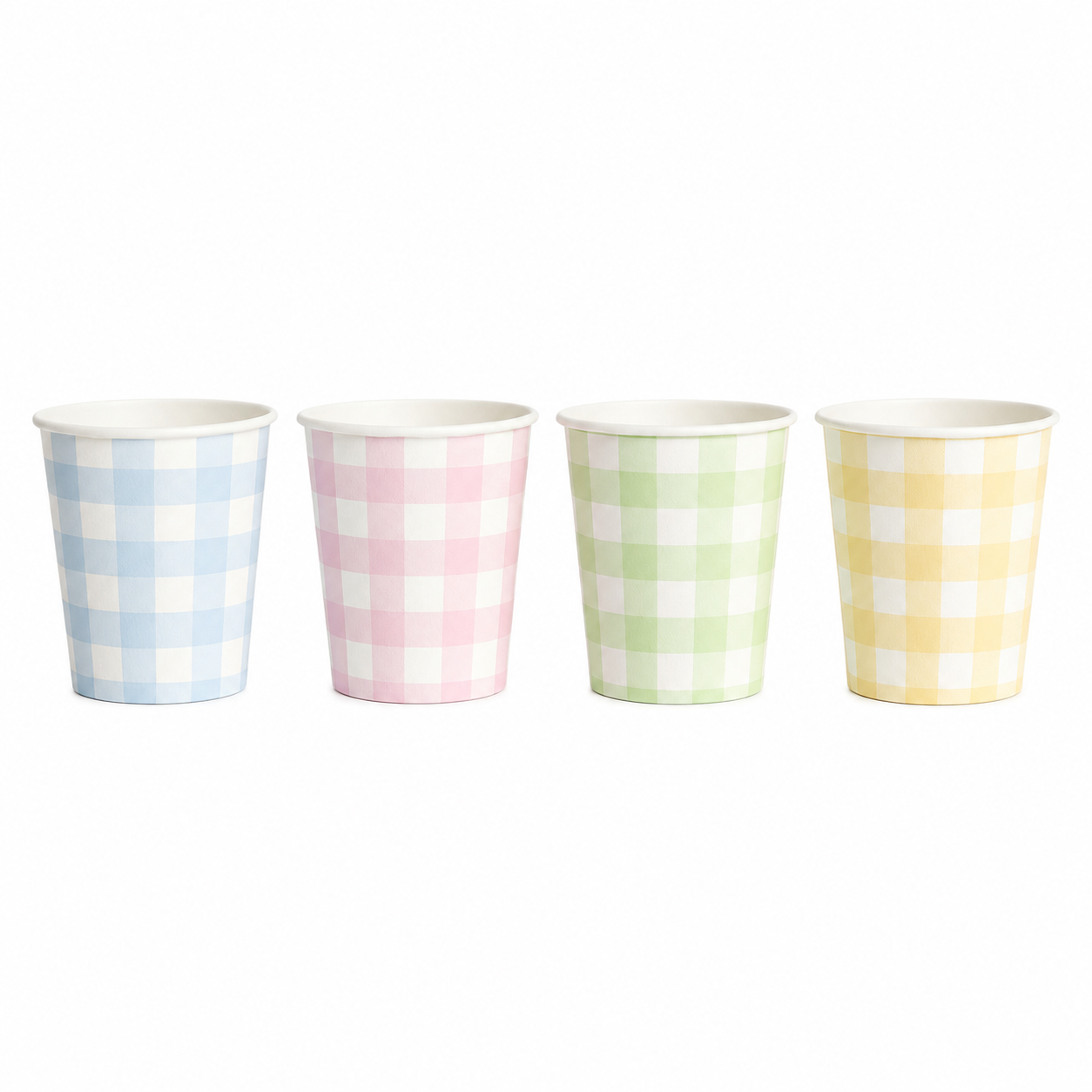 pastel gingham cups in a 4-color assortment - yellow pink blue green