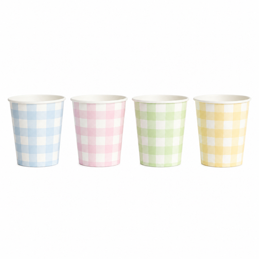 pastel gingham cups in a 4-color assortment - yellow pink blue green