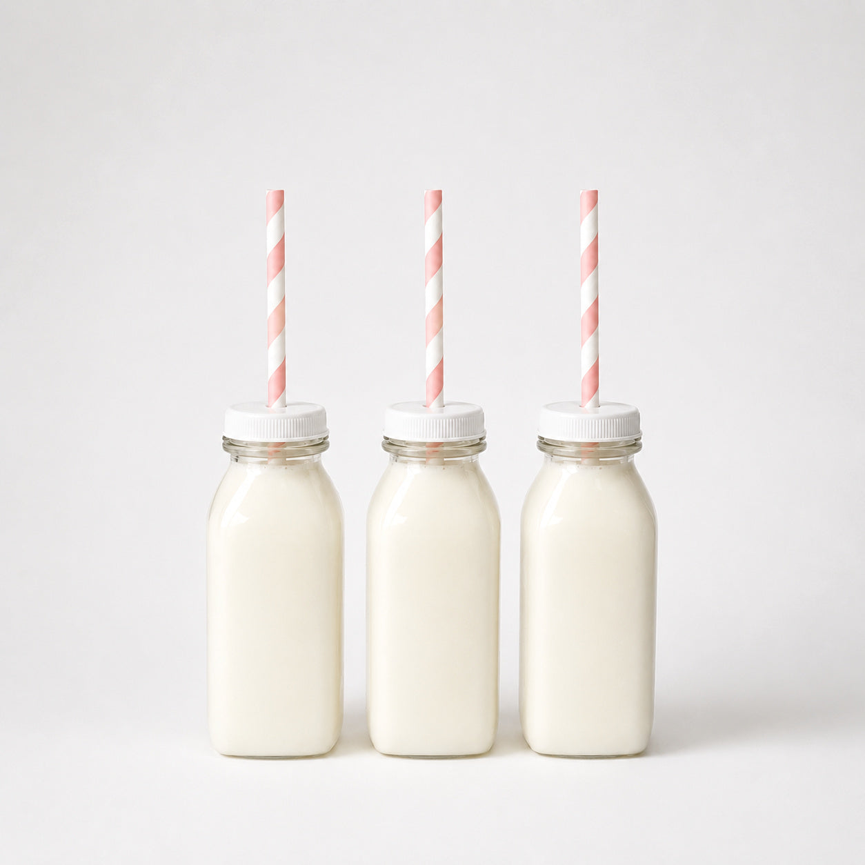 Mini plastic drinks bottles filled with milk with pink striped paper straws