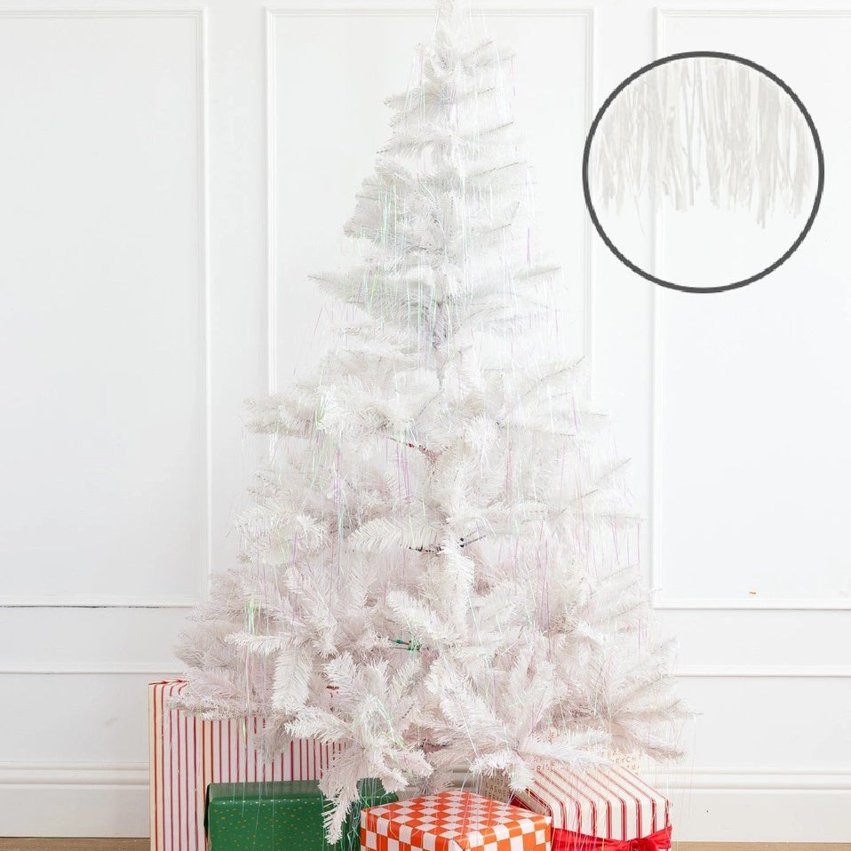 White Lametta Tinsel on Christmas Tree