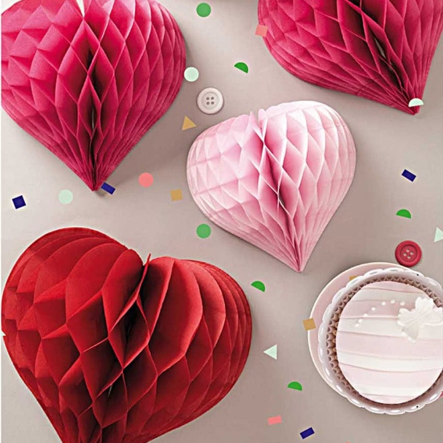 3 Paper Honeycomb Heart Decorations for Valentines - Red, Raspberry, Pink