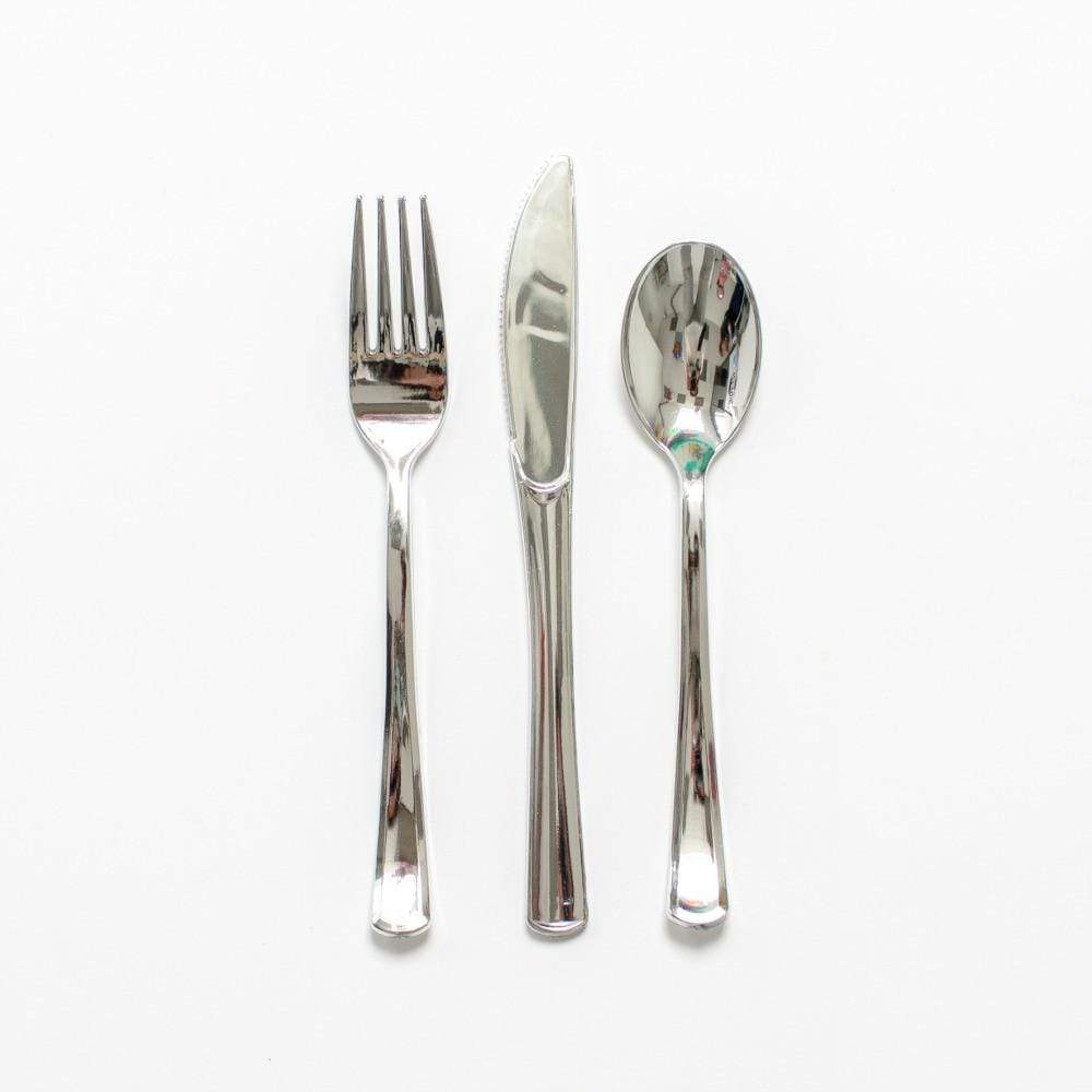 Shiny Silver Plastic Cutlery | Disposable Party Utensils Unique